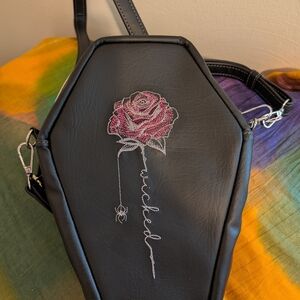 Black Coffin Crossbody Bag with Embroidered Pink Rose